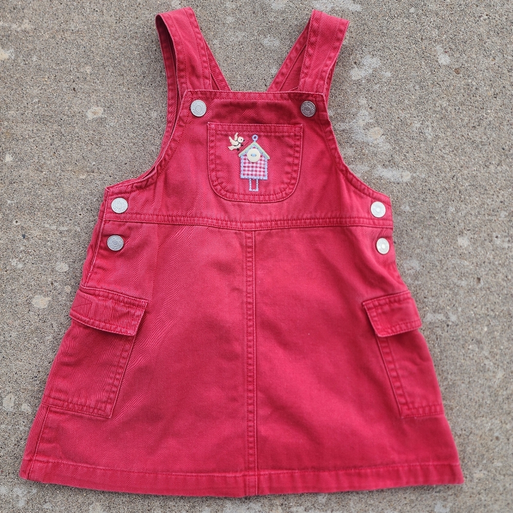 VTG Cherokee Toddler Overall Red Dress, Embroidered Stitching Cottage Style, 18M
